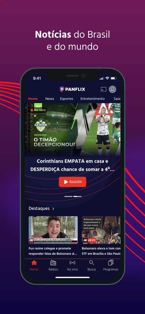 Panflix - Panflix mobile app home screen showing news and sports headlines from Brazil