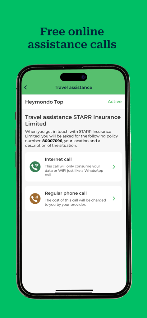 Heymondo app screen showcasing free online travel assistance and internet calling features