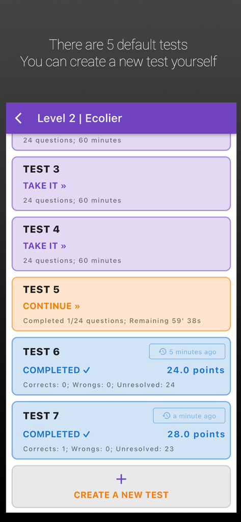kMath - IKMC Kangaroo Math - Mobile app interface showing a list of IKMC math competition practice tests for Ecolier level with scores and progress