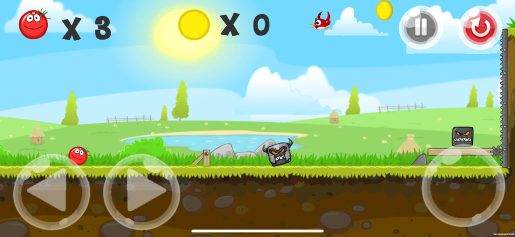 Brave Ball (Game Troll) - Ein roter Ball-Charakter in einem 2D-Plattformer-Level mit grünen Hügeln und viereckigen Feinden