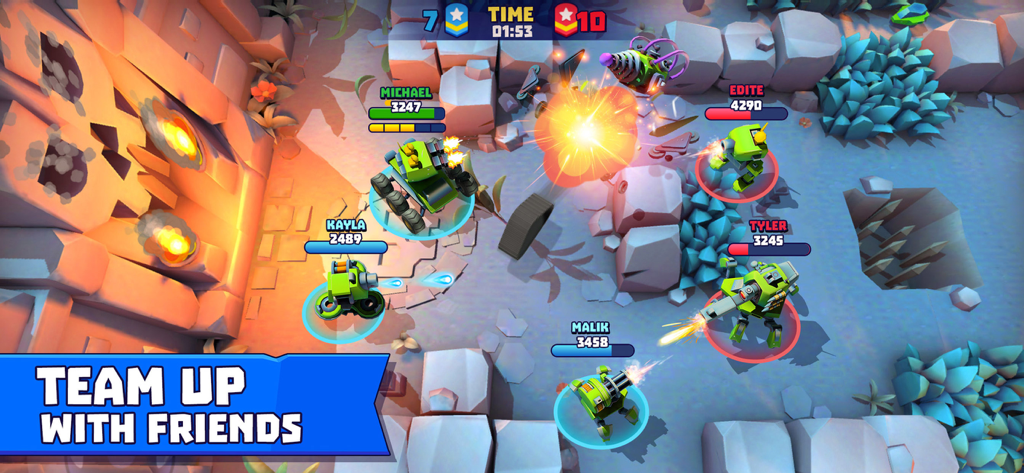 カスタムタンクを使用し、チームを組むプレイヤーがいる3v3マルチプレイヤータンクバトルアリーナ