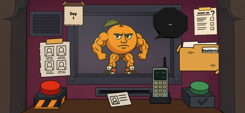 Grow a Garden : Master Game - Un personaje naranja musculoso mostrado en un monitor de seguridad en el modo aventura de Grow a Garden Master Game.