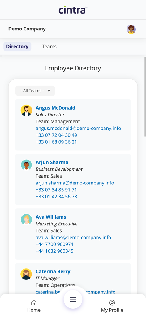 Cintra People HR - Cintra People HR mobile app employee directory screen showing a list of employee profiles and contact details