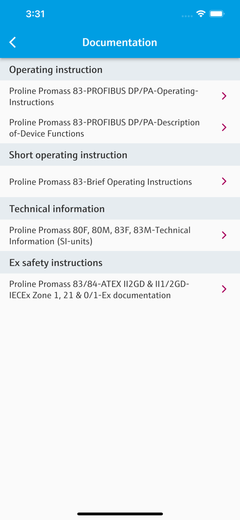 Endress+Hauser Operations - 産業機器の操作説明書と技術情報が表示されたドキュメントメニュー
