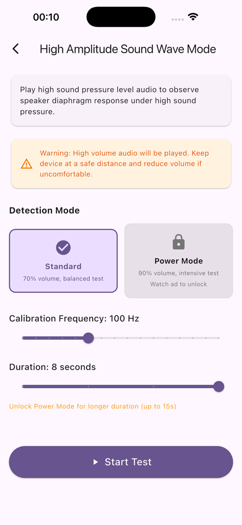 Speaker Test – Moisture & Dust - High Amplitude Sound Wave Mode settings screen in the Speaker Test app