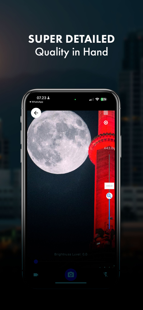 Mega Zoom Telescope Camera HD - Mega Zoom app interface displaying a high magnification view of the moon and a red building