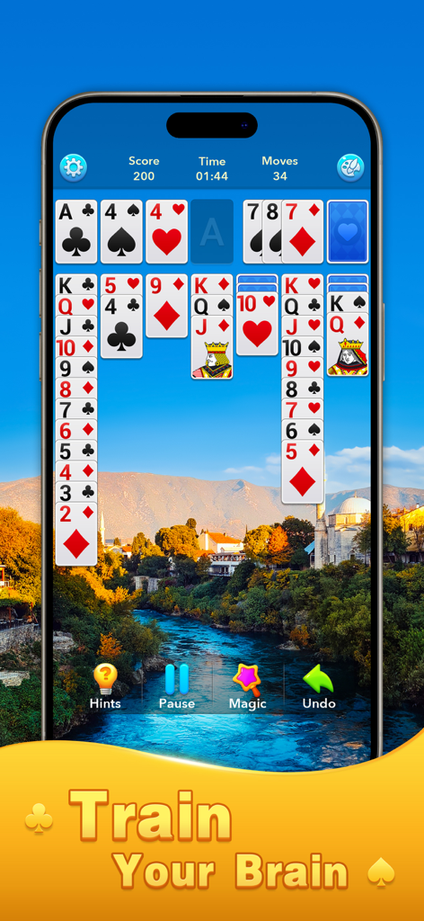Solitaire Klondike! - A classic Solitaire Klondike game on a smartphone featuring a scenic river background and the text Train Your Brain