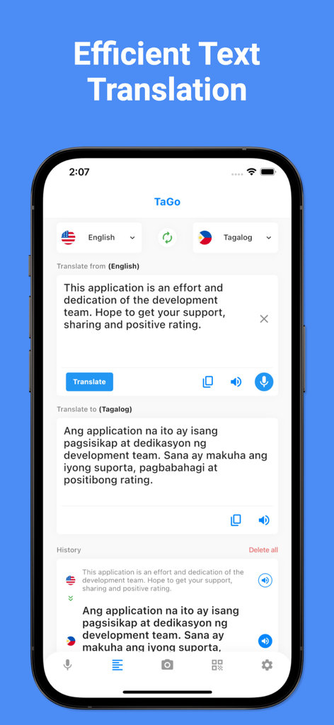 Interfaz de aplicación móvil que muestra la traducción de texto de inglés a tagalo.