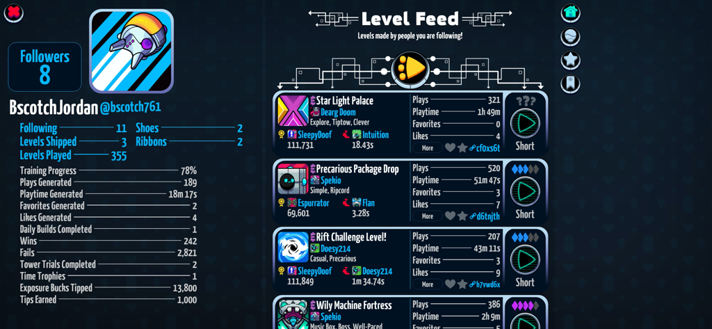 Uma página de perfil de usuário detalhada no Levelhead mostrando estatísticas do jogador e um feed de fases de plataforma criadas por usuários seguidos