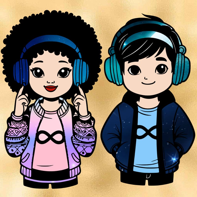 an afroamerican girl with headphones and a boy with headphones, they have an ♾️ symbol on their shirt