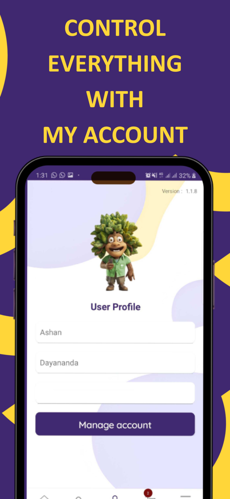 Kapruka app user profile screen with account management options and mascot.