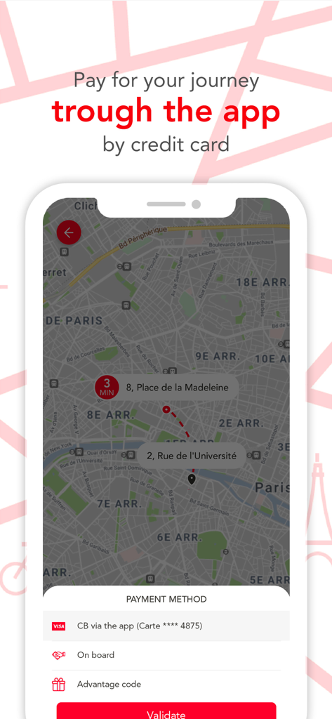G7 Taxi mobile app payment selection screen featuring a map of Paris and credit card options