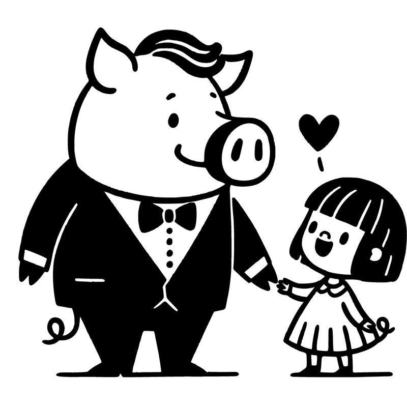 a pig in a tuxedo in love with a little girl with short hair