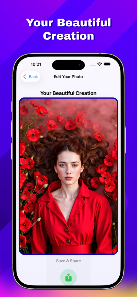 AI PhotoShot Magic - Interfaz de la app AI PhotoShot Magic mostrando una hermosa foto editada de una mujer rodeada de flores rojas.