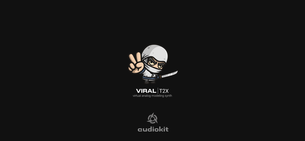 VIRAL Synth T2x intro screen featuring a ninja mascot and the AudioKit logo