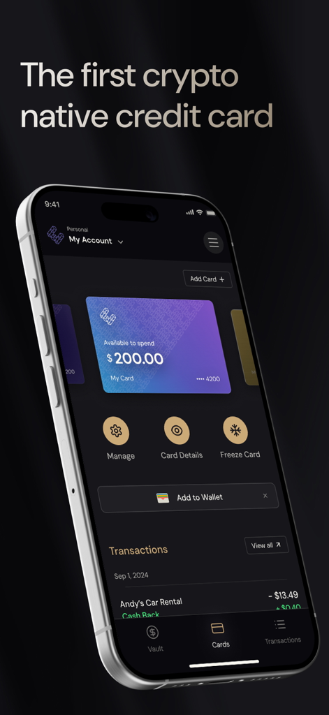 Interface do cartão de crédito nativo de criptomoedas ether.fi em um smartphone mostrando saldo do cartão e transações.