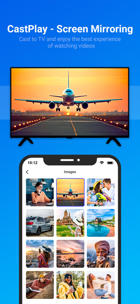 CastPlay - Cast to TV - Un iPhone mostrando una galería de fotos mientras transmite una foto de un avión a un televisor inteligente