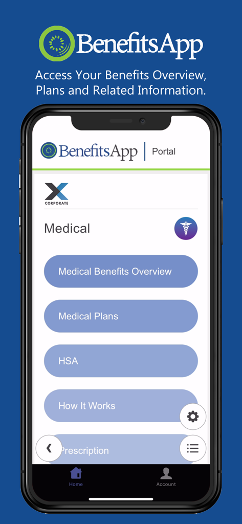 Mobile app screen showing medical benefits overview plans and HSA options in the BenefitsApp portal
