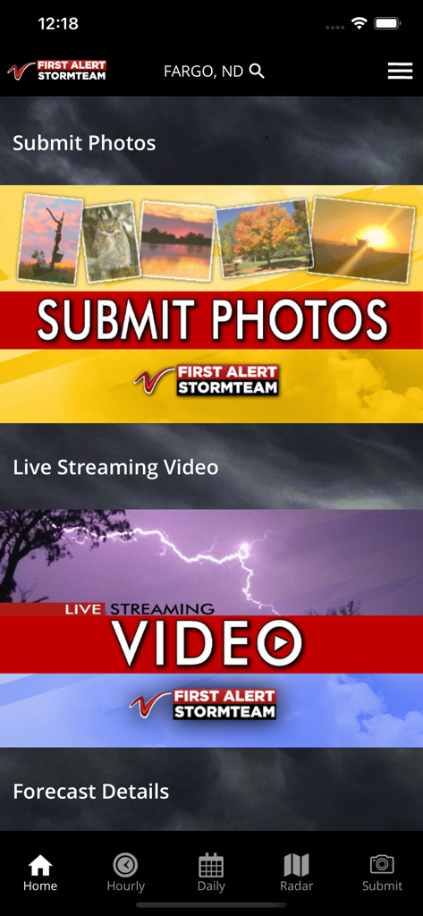 VNL Weather - VNL Weather app home screen featuring live streaming video and photo submission for Fargo North Dakota