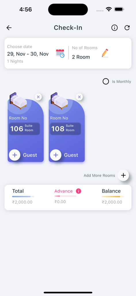Interfaccia di check-in dell'hotel su Cloud Hotel ERP Luxe che mostra la selezione della camera e i dettagli di fatturazione