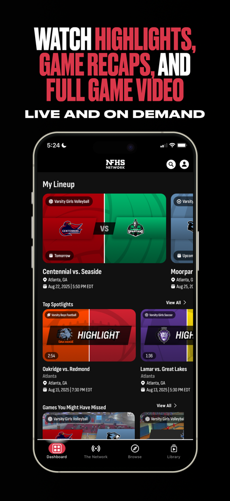 Die Benutzeroberfläche der NFHS Network-App zeigt Highlights des Highschool-Sports und Live-Spielzusammenfassungen