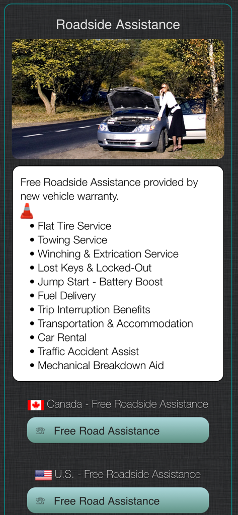 Land Rover Warning Lights Info - Bildschirm für Pannenhilfe, der eine Liste von Diensten und Notfallkontakt-Schaltflächen für die USA und Kanada anzeigt