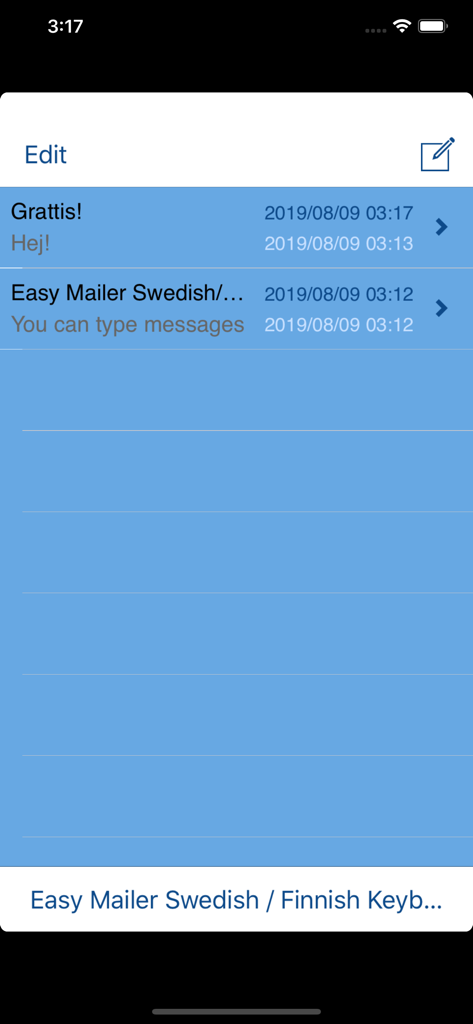 Easy Mailer Swedish Keyboard - A list of saved message drafts in the Easy Mailer Swedish Keyboard app