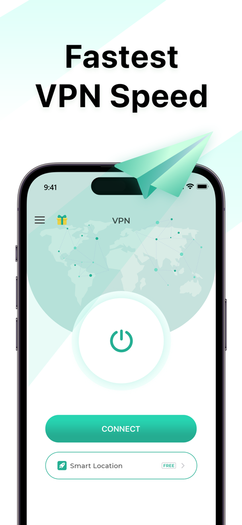 App VPN - Super Fast Unlimited - App VPN 인터페이스가 iPhone에 표시되며, 가장 빠른 VPN 속도라는 헤드라인과 함께 큰 연결 버튼과 세계 지도가 표시됩니다.