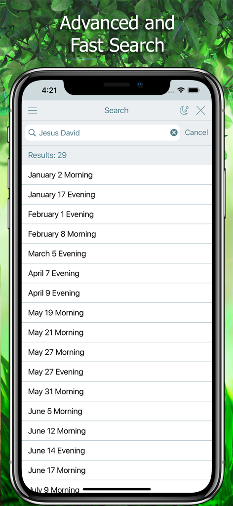Search interface of the Morning and Evening Devotion app displaying list of daily devotional readings