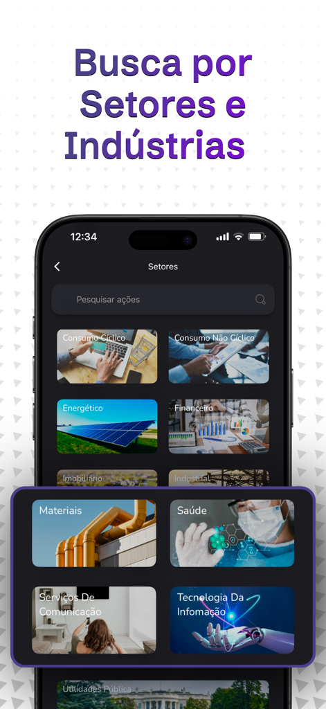 Gaze - Análise Fundamentalista - Pantalla de la aplicación Gaze para buscar acciones por sectores e industrias con mosaicos de categorías visuales.