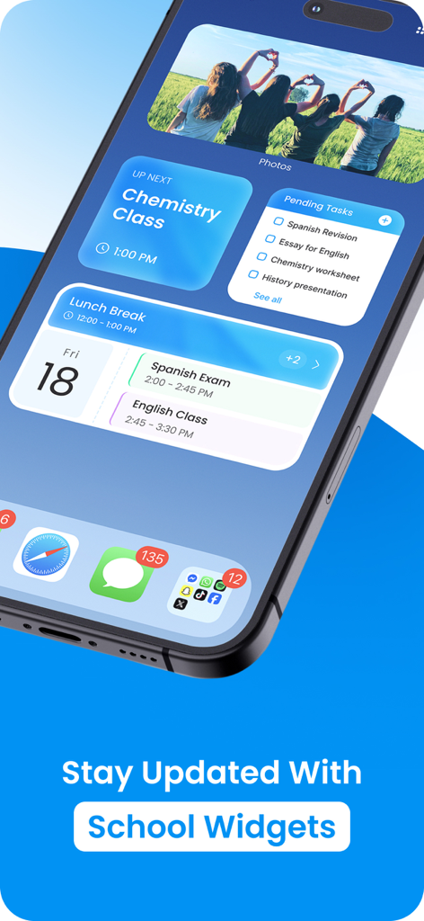 My Study Life app home screen widgets showing daily class schedule and pending school tasks on an iPhone.