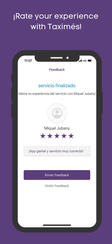 Screenshot of the Taximes app feedback page for rating a taxi driver on an iPhone