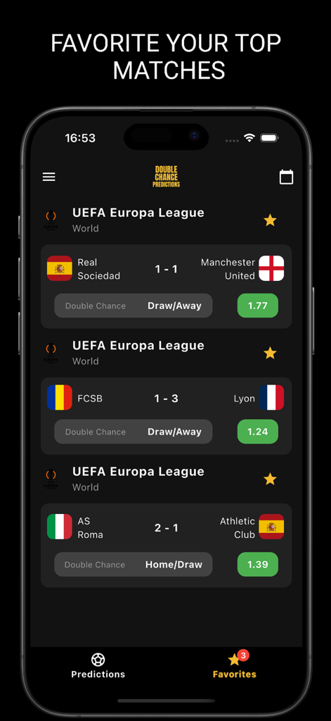 Double Chance Predictions - Double Chance Predictions app interface showing favorite soccer matches and expert betting tips.