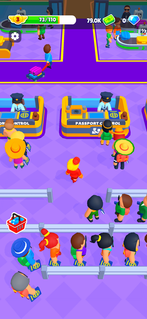 Managing passenger queues at passport control in the Airport Idle mobile game
