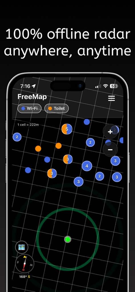 Pantalla de smartphone de la aplicación FreeMap que muestra el modo radar sin conexión con marcadores de ubicación para WiFi público y baños