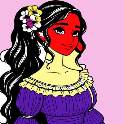a single latina woman with a side ponytail and a long dress with ruffles. she has a few discreet flowers in her hair. realistic
