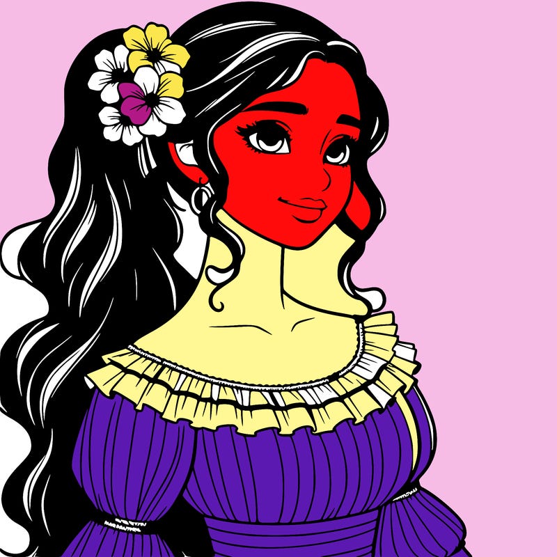 a single latina woman with a side ponytail and a long dress with ruffles. she has a few discreet flowers in her hair. realistic