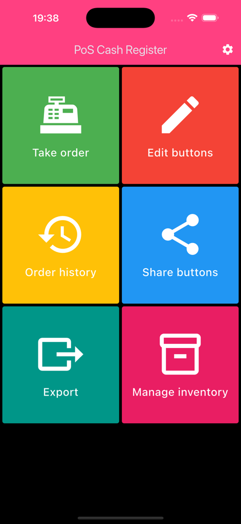 El menú principal de la aplicación Caja Registradora PoS mostrando botones coloridos para gestionar ventas e inventario