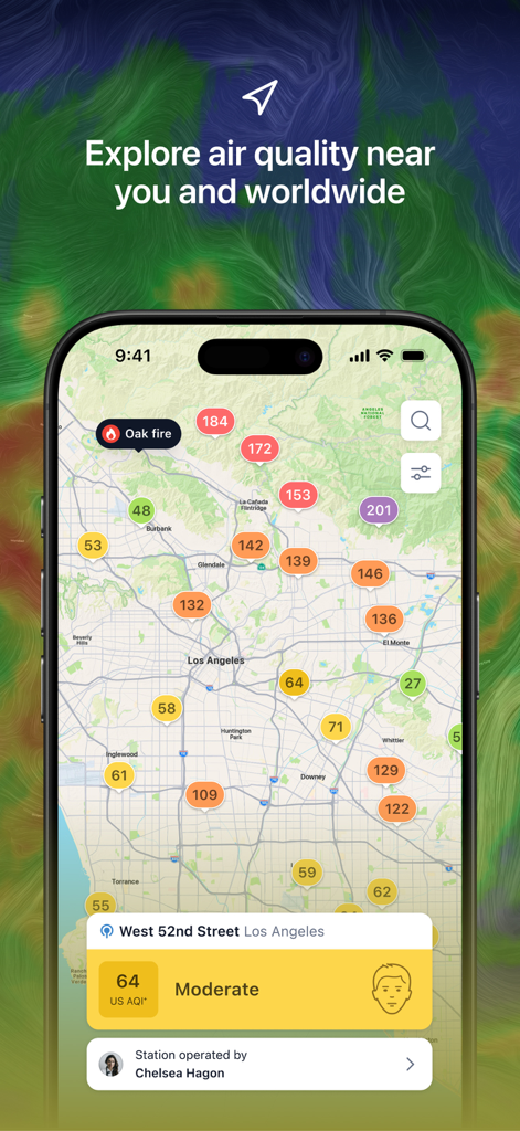 Real-time air quality index map on the IQAir AirVisual app showing pollution levels and fire alerts in Los Angeles.