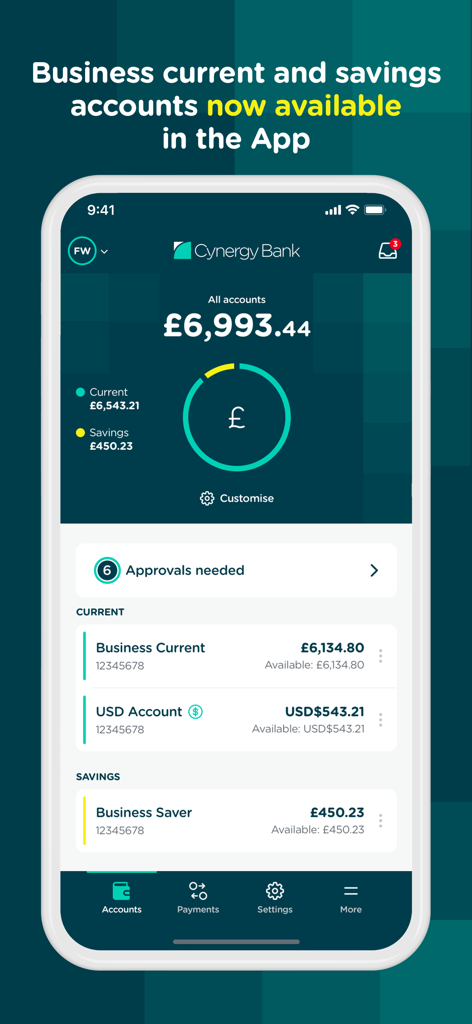 Interfaz móvil de Cynergy Bank que muestra los saldos de las cuentas corrientes y de ahorro de empresa