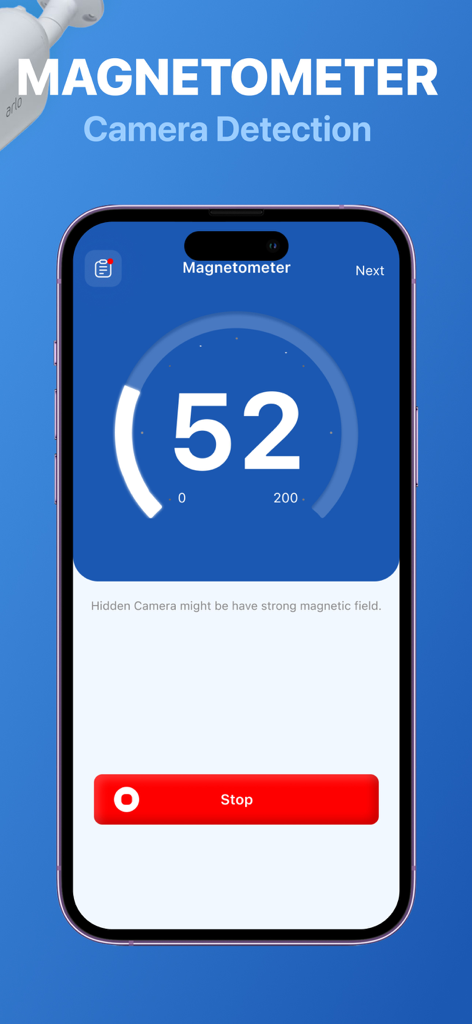 Camera Detector App - Magnetometer interface of the Camera Detector App showing a magnetic field reading to identify hidden cameras