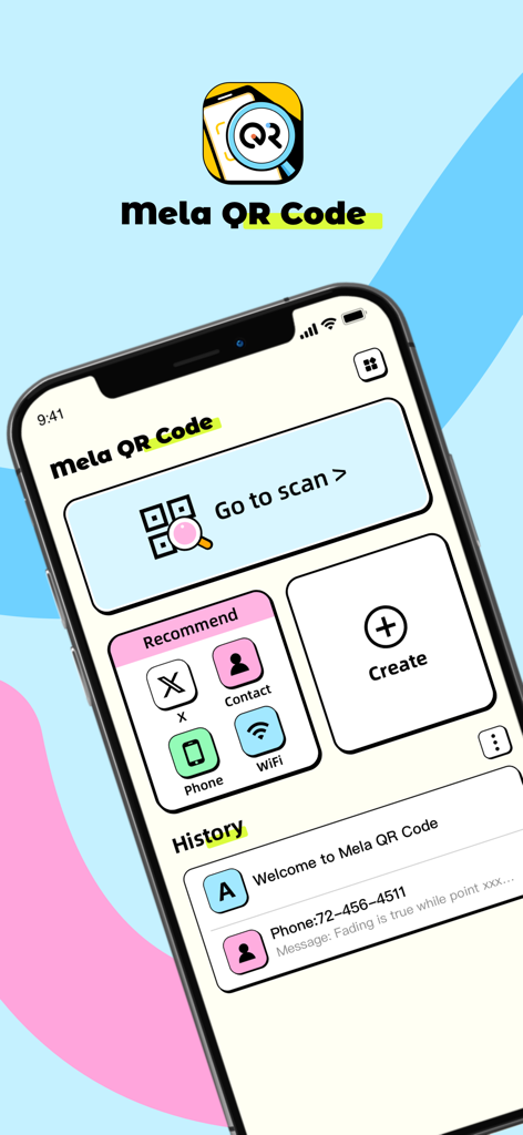 Mela QR Code - Home screen of the Mela QR Code app featuring scan create and history sections