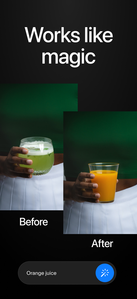 Before and after comparison of AI image editing changing a drink into orange juice based on a prompt