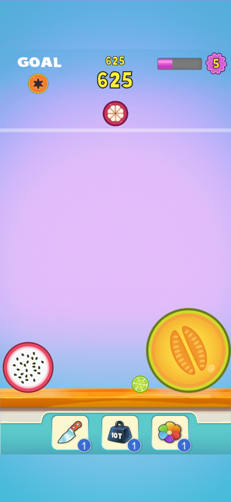 100 Merge Melons - A colorful screenshot of 100 Merge Melons gameplay showing fruit merging mechanics and power up icons