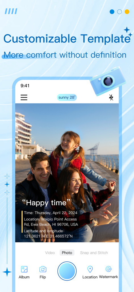 Smartphone interface of the TimeStamp Camera app showing a photo with a professional GPS and time watermark template.