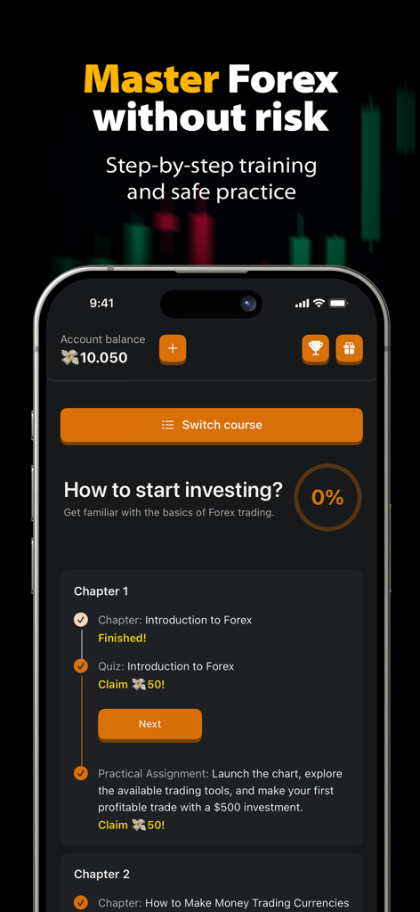 Forex Trading Guide - 단계별 교육 섹션과 훈련 진행 상황을 보여주는 외환 거래 가이드 앱