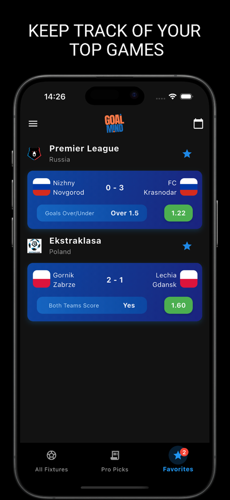 Goal Mind Soccer Predictions - Tela mostrando jogos de futebol favoritos rastreados e previsões de apostas no aplicativo Goal Mind