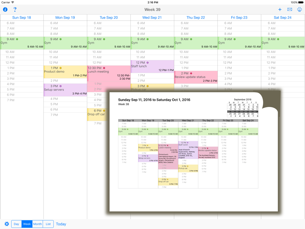 Visualizzazione del calendario settimanale in CalPrint su iPad con una sovrapposizione di anteprima di stampa dettagliata che mostra il programma formattato.