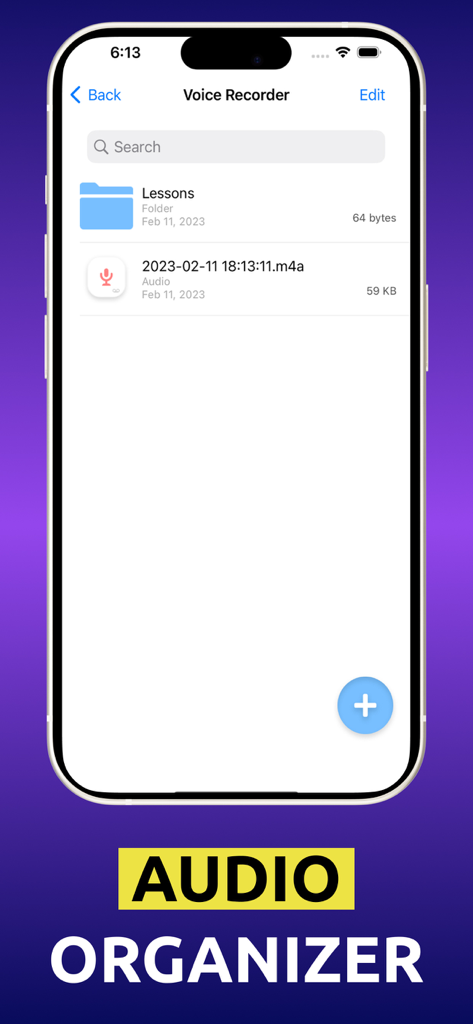 Interface of the Voice Recorder app showing organized folders and recorded audio files on an iPhone screen.