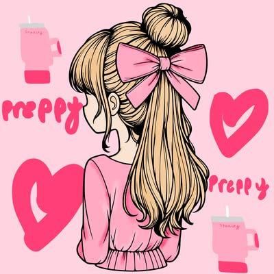 realistic girl  with hip length hair a bun and a big bow on the back of head